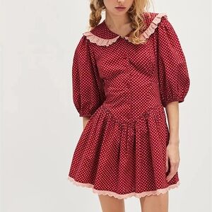 FREE PEOPLE Red Polka Dot Dress with Lace Trim